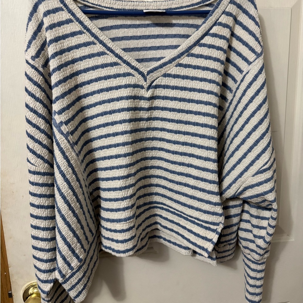 ARULA Striped V-Neck Sweater in Blue and Cream size 1X